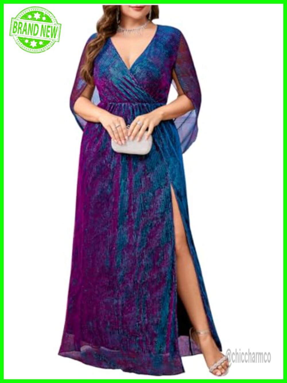 Plus Size Maxi Dress Sparkly Metallic Threads Cape Sleeve V-Neck Side Split